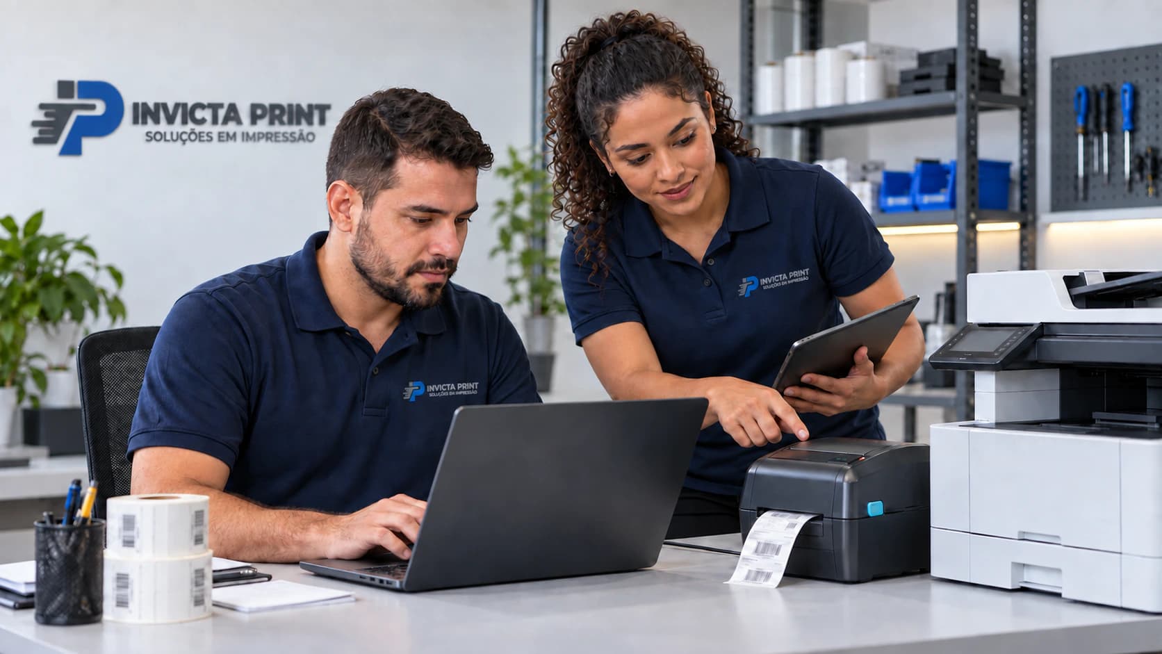 Equipe técnica da Invicta Print configurando impressoras