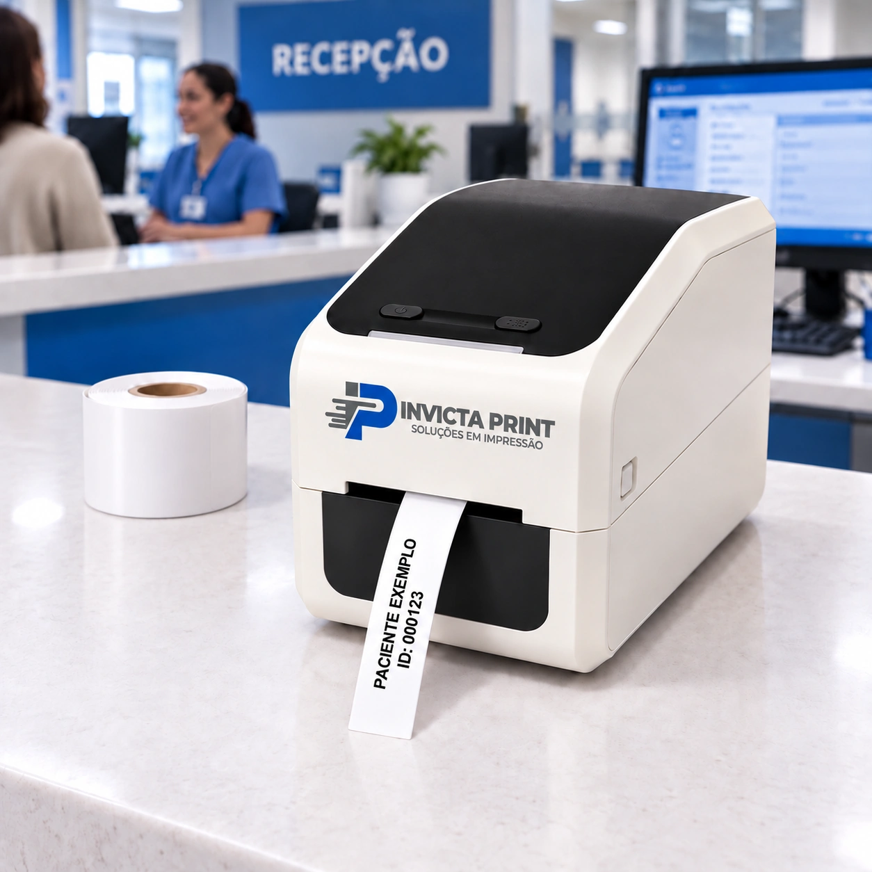 Impressora com logo Invicta Print e pulseira de identificação em recepção hospitalar ilustrativa