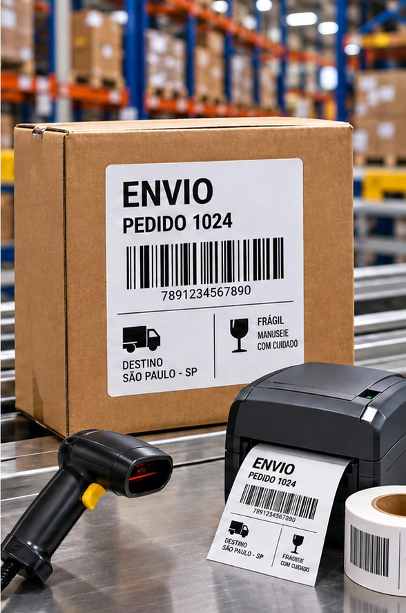 Etiquetas de envio em caixas e impressão térmica na logística