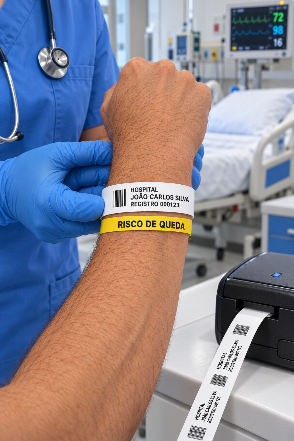 Identificação hospitalar com pulseira legível no braço do paciente e pulseira saindo da impressora, em ambiente hospitalar; dados fictícios