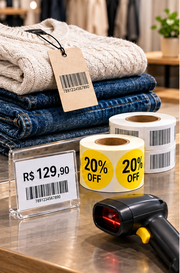 Etiquetas de vestuário, preços e promoção no varejo