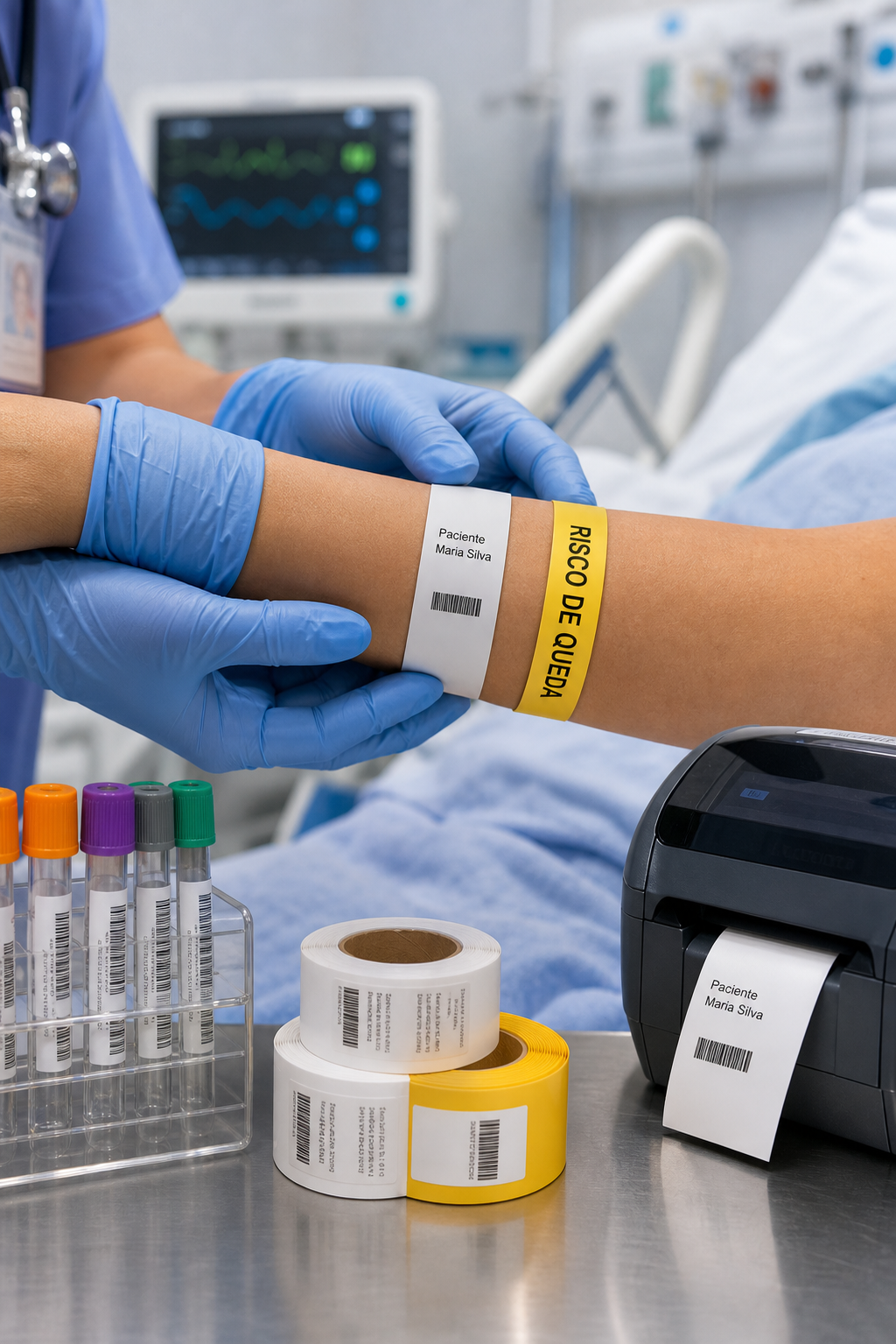 Pulseiras e etiquetas de identificação hospitalar