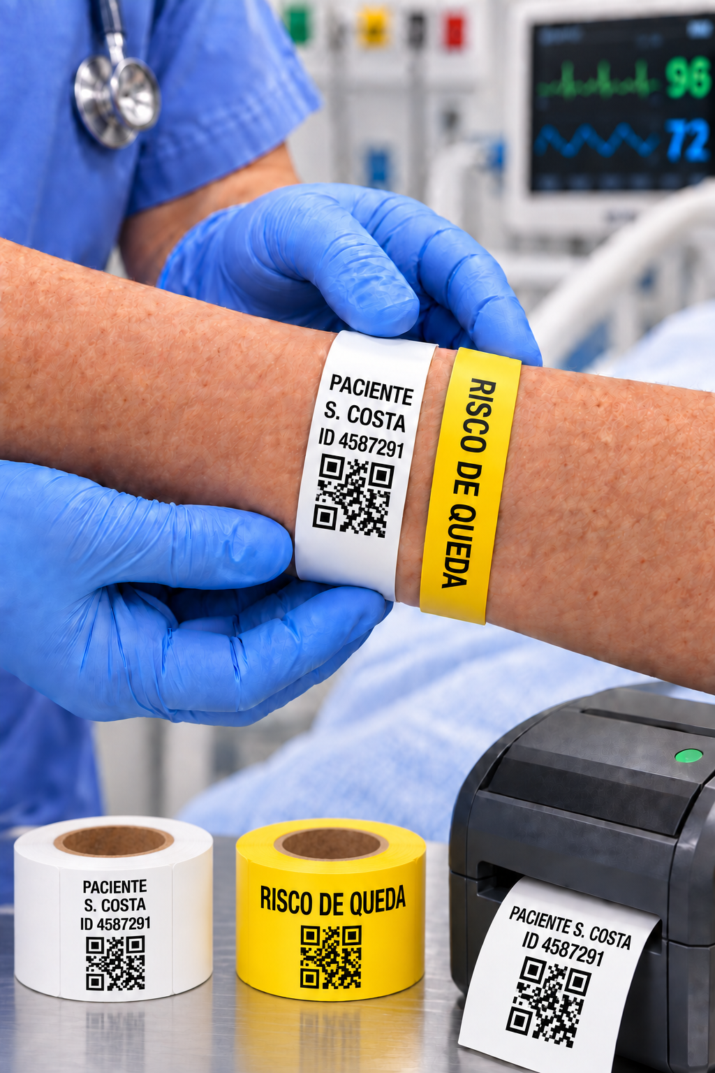 Pulseiras e etiquetas de identificação hospitalar